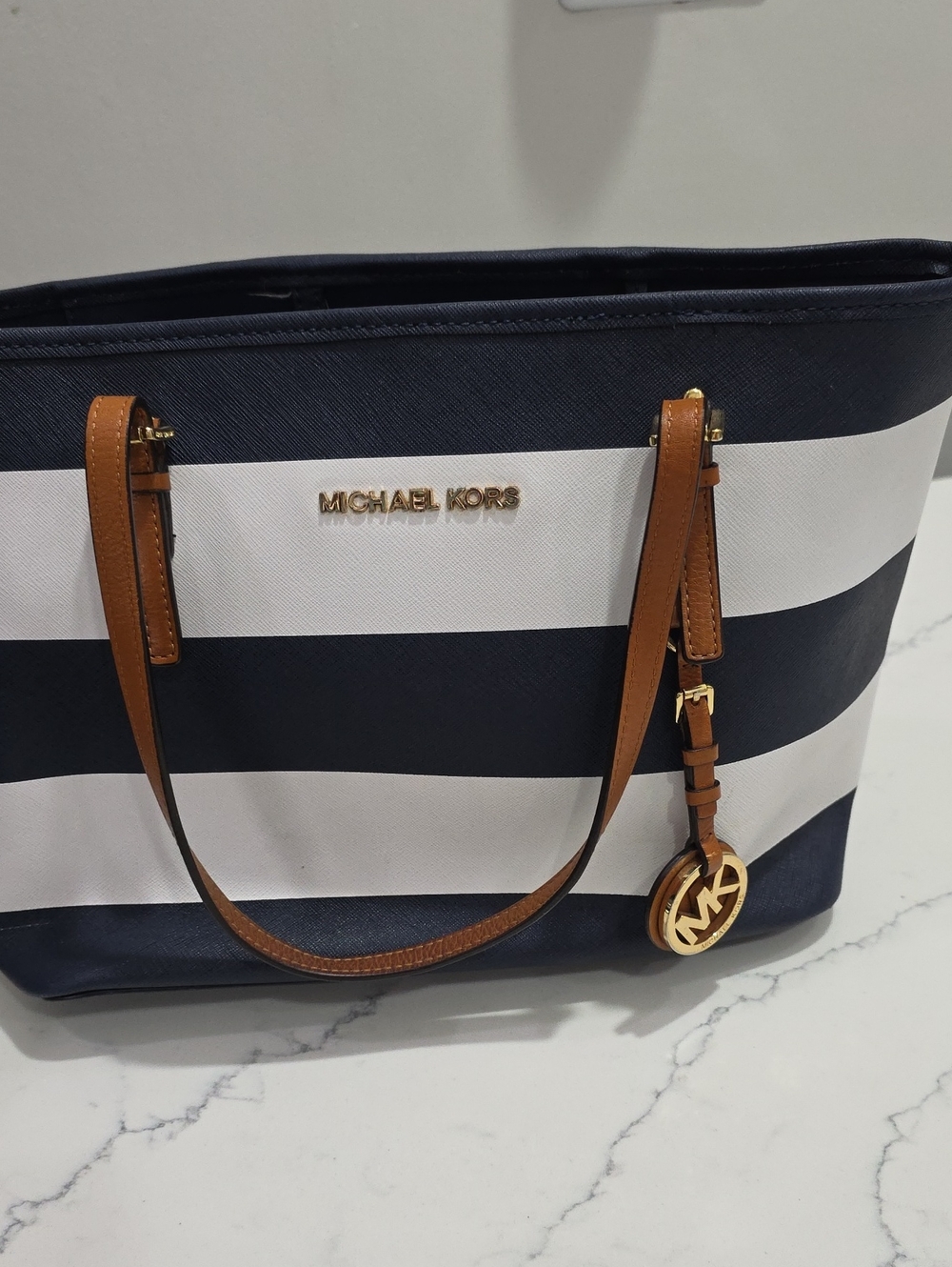 Michael Kors Navy and White Striped Tote with Tan Leather Straps